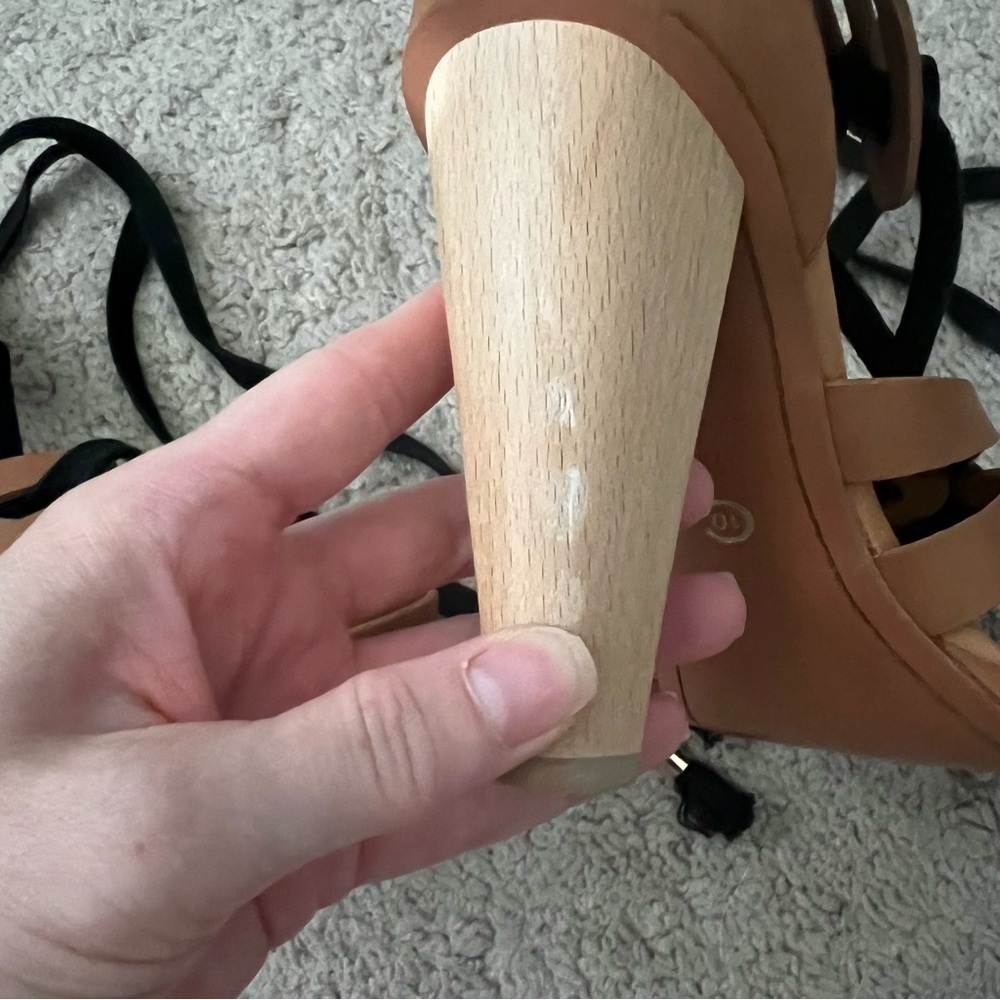 Derek Lam Size 7 Light Brown Lace Up Cage 4” Wood Cone Heel Sandals Like New - Picture 4 of 11